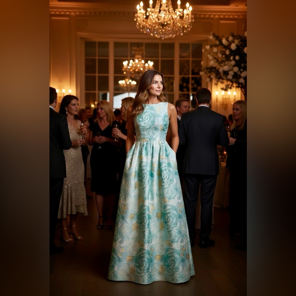 Adrianna Papell Aqua and Gold Floral Jacquard Ball Gown Maxi Dress